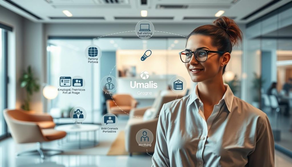 A comprehensive overview of the global functioning of a salarial portage system. In the foreground, a professional employee navigates the complex administrative processes, interacting with client companies and the Umalis Group, the leading provider of salarial portage services in France. The middle ground depicts the symbiotic relationship between the employee, client, and service provider, facilitated by clear communication and efficient workflows. In the background, a modernistic office environment with sleek furniture and minimalist decor sets the tone of a streamlined, technology-driven operation. Soft, diffused lighting casts a warm, professional ambiance, while the composition emphasizes the seamless integration of all the elements that make up the salarial portage ecosystem.