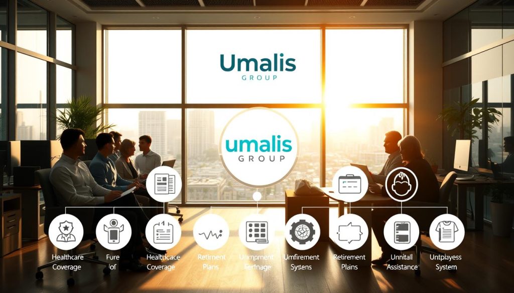 A comprehensive social protection system, featuring a diverse array of benefits and safeguards for employees, including healthcare coverage, retirement plans, and unemployment assistance. The scene depicts a serene, modern office space, with the Umalis Group logo prominently displayed. Sunlight filters through large windows, casting a warm glow on the workspace and its occupants, who appear content and secure in their professional environment. The middle ground showcases various icons and symbols representing the different aspects of the social protection system, while the background offers a cityscape, symbolizing the broader societal context in which this system is embedded.