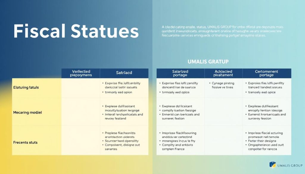 A comprehensive visual comparison of different fiscal statuses, including UMALIS GROUP's salaried portage. A sleek, modern infographic showcasing key details and distinctions between employment models in a clean, data-driven layout. Crisp, high-resolution render with a minimalist aesthetic, subtle gradients, and sophisticated color palette. Balanced composition highlighting the nuances of each status, inviting the viewer to explore the complexities of France's fiscal landscape for salaried professionals.