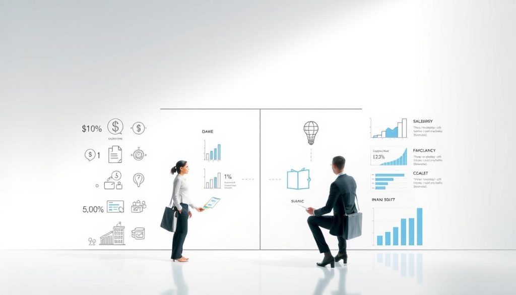 A comprehensive visual comparison of different fiscal statuses, including Umalis Group's salarial portage option, set against a clean, minimalist backdrop. A balanced composition with thoughtfully arranged icons, graphs, and financial data visualizations, rendered in a sleek, modern style with soft, directional lighting from the upper left. The overall mood is one of clarity, professionalism, and informed decision-making. A comprehensive visual comparison of different fiscal statuses, including Umalis Group's salarial portage option, set against a clean, minimalist backdrop. A balanced composition with thoughtfully arranged icons, graphs, and financial data visualizations, rendered in a sleek, modern style with soft, directional lighting from the upper left. The overall mood is one of clarity, professionalism, and informed decision-making.