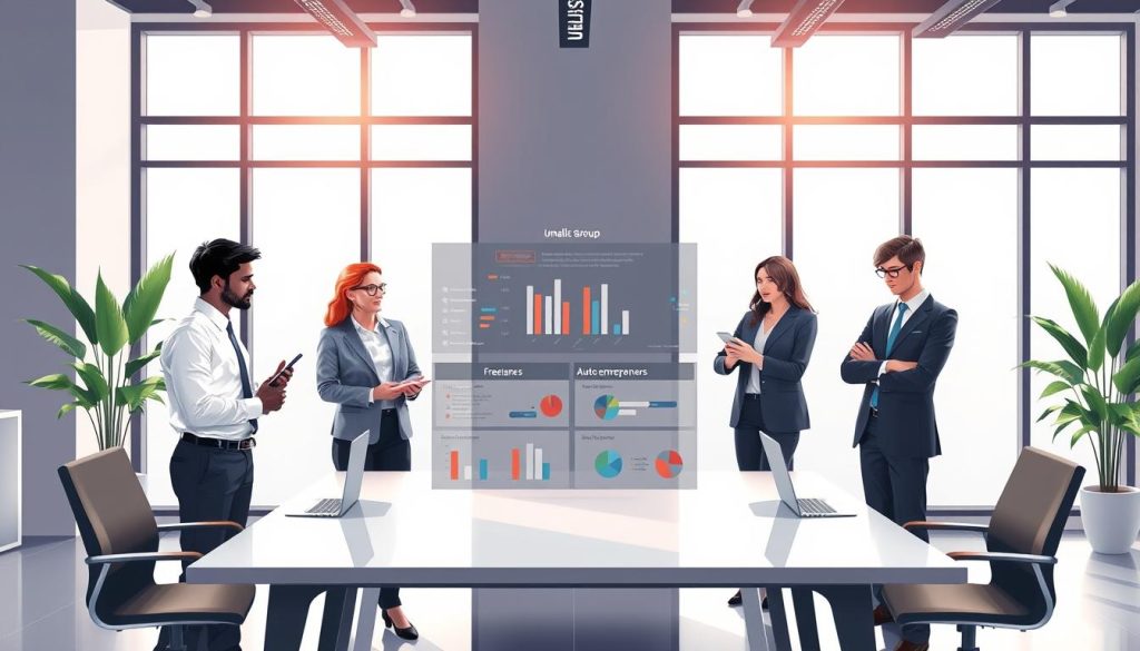 A concept illustration showcasing a comparative analysis of professional statuses in the IT sector, featuring three distinct figures representing salary workers, freelancers, and auto-entrepreneurs. In the foreground, a diverse group of professionals in business attire stands around a sleek table, exchanging ideas, with laptops and digital devices open. In the middle, a visually engaging infographic displays key comparisons among the three statuses, utilizing graphics like charts and icons. The background highlights a modern office environment, with large windows allowing soft, natural light to illuminate the scene, enhancing a collaborative atmosphere. Capture this dynamic without any text overlays, ensuring focus on the Umalis Group branding subtly integrated into the workspace decor. Aim for a bright and professional mood, reflecting innovation and teamwork.