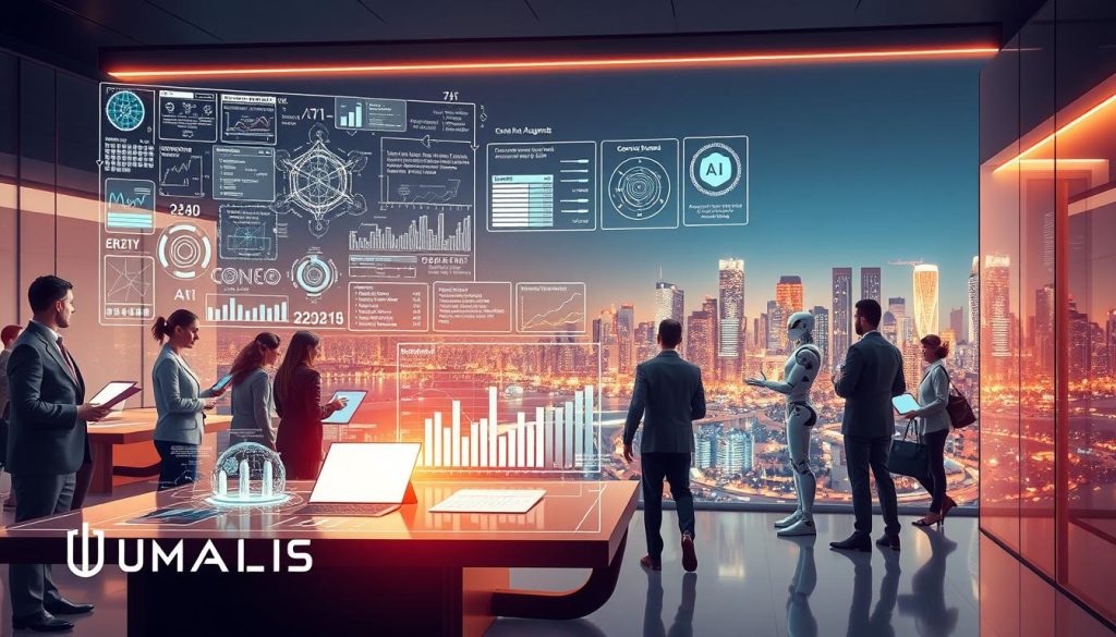 A conceptual digital illustration depicting "Language Models and Automated Agents". In the foreground, a sleek, modern workspace with diverse professionals in business attire, engaging with holographic interfaces displaying flowing data streams, algorithms, and neural networks. The middle ground features interactive AI-driven charts and graphs, symbolizing generative AI advancements, alongside a robotic assistant aiding with tasks. The background showcases a futuristic city skyline with dynamic lighting, suggesting innovation and technology. Use warm lighting to create an optimistic and collaborative atmosphere, with a focus on the active engagement of human and machine collaboration. The brand name "UMALIS GROUP" is subtly integrated into the design, reinforcing a sense of authority and expertise in AI.