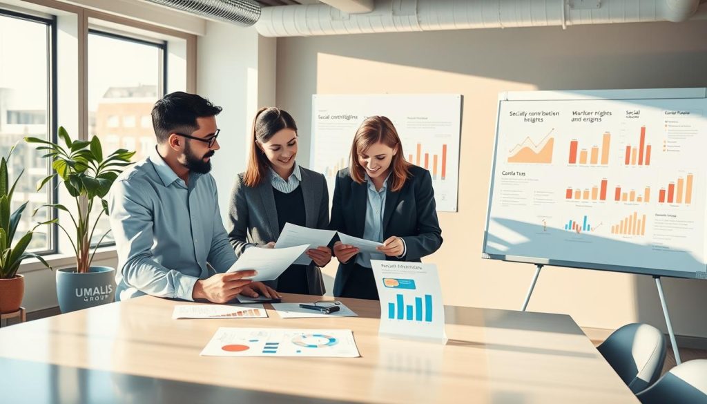 A conceptual illustration depicting "social rights and freelance employment" in a professional setting. In the foreground, a diverse group of three professionals—two men and one woman—are engaged in a discussion around a table, reviewing documents and charts that symbolize social contributions and rights. The middle ground features a stylish, modern office with large windows allowing natural light to flood the space, casting dynamic shadows. In the background, a whiteboard displays simplified graphs and infographics about social contributions and worker rights. Use warm lighting to create an inviting atmosphere. Include the brand name "UMALIS GROUP" subtly integrated into the office decor, ensuring no text is present in the image itself. Aim for a balanced composition that conveys professionalism and collaboration.