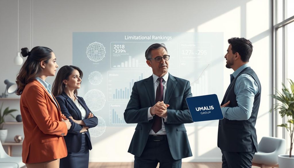 A conceptual illustration depicting the limitations of AI model rankings, featuring a split scene. In the foreground, a diverse group of business professionals in smart attire engages in a thoughtful discussion, analyzing various AI models represented by abstract graphical elements. In the middle ground, a large, transparent screen displays graphical data and performance metrics, highlighting the complexity of AI selection beyond simple rankings. The background features a modern office environment with subtle tech-inspired decor, bathed in soft, natural lighting that suggests a collaborative atmosphere. The mood is contemplative, emphasizing the importance of informed decision-making in AI model selection. Incorporate the brand name "UMALIS GROUP" into the scene subtly, perhaps on a digital tablet held by one of the professionals.