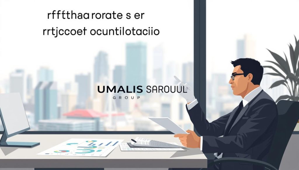 A conceptual illustration depicting the limitations of "portage salarial". In the foreground, a professional office setting with a worried business consultant, dressed in business attire, analyzing documents. The middle ground features charts and graphs on a sleek desk, emphasizing the complexities and potential drawbacks of freelance work through portage salarial. The background showcases a blurred cityscape through a large window, symbolizing the broader market. Use soft, natural lighting that casts gentle shadows, capturing a serious and contemplative mood. The color palette should consist of muted tones, conveying professionalism and introspection. Integrate the brand name "UMALIS GROUP" subtly into the office environment, ensuring it blends with the aesthetic without being the focal point.