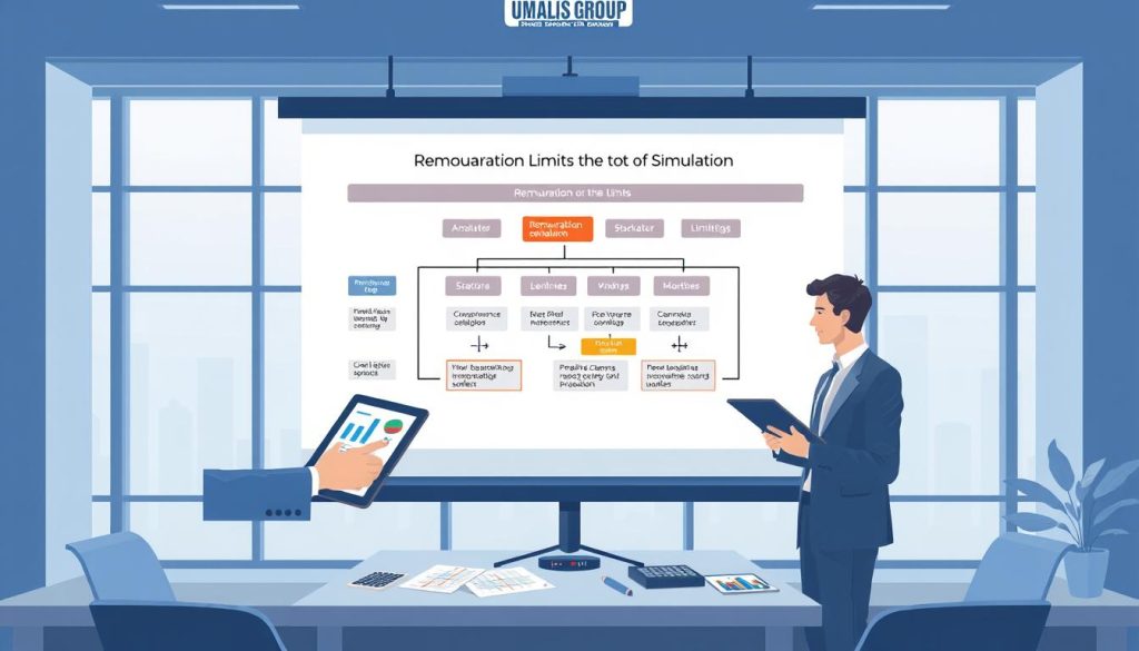 A conceptual illustration depicting the limits of a remuneration simulation in a professional setting. In the foreground, a business professional in smart attire, analyzing charts and graphs on a digital tablet, showcasing visual data on remuneration limits. In the middle, a large projector screen displaying a detailed flowchart with highlighted sections indicating various limitations of simulations, surrounded by analytical tools like calculators and spreadsheets. The background features a modern office with large windows, letting natural light illuminate the scene, creating a focused and analytical atmosphere. The color palette includes blues and grays, enhancing a sense of professionalism. Subtle branding elements of "UMALIS GROUP" should be integrated into the background design, reinforcing the theme without being obtrusive.