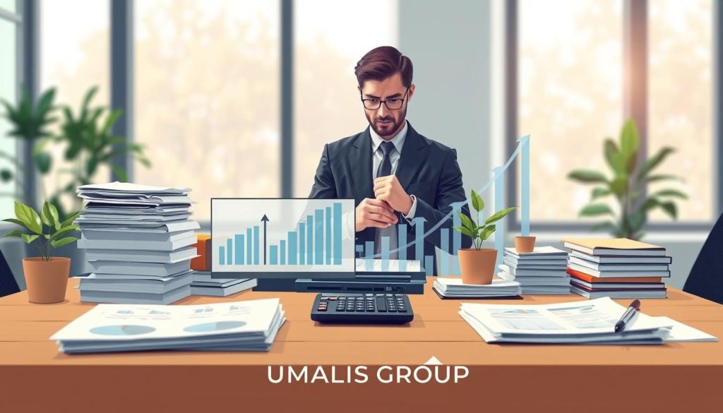 A conceptual illustration depicting the theme of cash management and financial optimization for independent professionals. In the foreground, an organized desk displays a laptop with financial charts and graphs, stacks of neatly arranged documents, and a calculator. In the middle, a confident professional in business attire analyzes the data, surrounded by symbols of financial growth such as plants and upward arrows. The background features a blurred office environment with large windows allowing soft, natural light to stream in, creating an atmosphere of clarity and focus. The scene conveys a sense of diligence and professionalism, embodying the essence of smart financial management. Include a subtle logo of "UMALIS GROUP" in the bottom corner, maintaining a clean and professional look throughout.