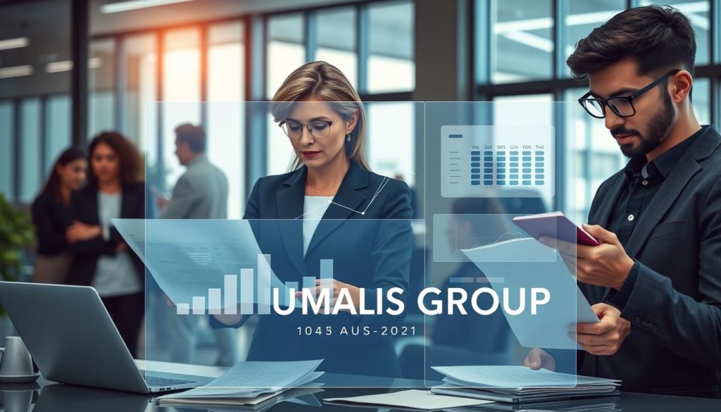 A conceptual illustration focusing on "versement libératoire indépendants" in a professional setting. In the foreground, depict a diverse group of independent workers, a middle-aged woman in smart business attire reviewing financial documents on a modern laptop, while a young man with glasses takes notes on a notepad. In the middle, a transparent overlay of financial graphs and tax forms illustrates the concept of the liberating payment system. In the background, a sleek office environment with large windows, allowing soft natural light to illuminate the space, enhancing a productive atmosphere. The mood is focused and informative, conveying a sense of professionalism. Include a subtle branding element of "UMALIS GROUP" within the design, ensuring it blends seamlessly into the scene.