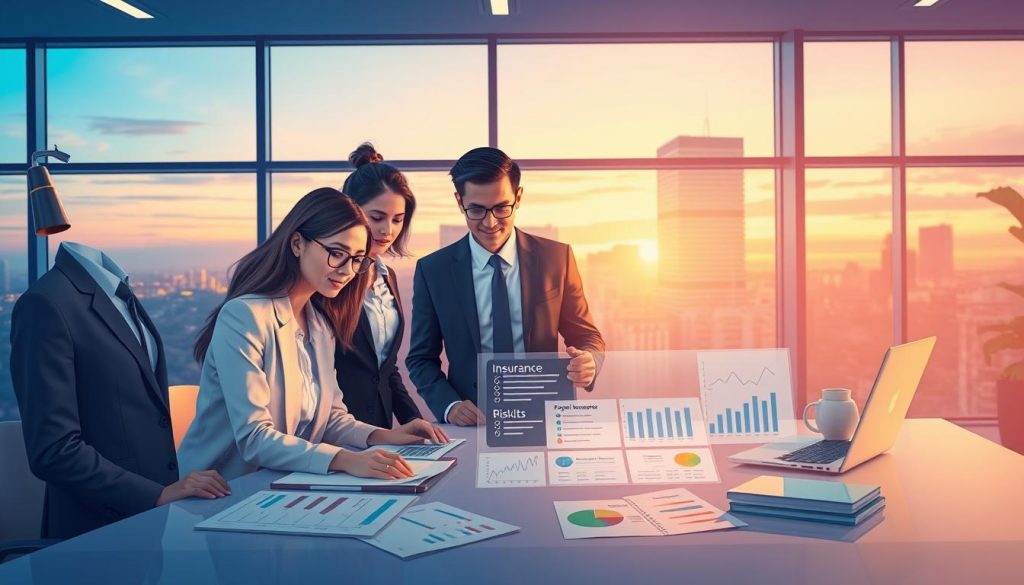 A conceptual illustration of professional civil liability insurance mechanisms in a vibrant and engaging office environment. In the foreground, a diverse group of three professionals in formal business attire, including a woman with glasses and a man with a laptop, collaborates over a table filled with charts and documents. In the middle, visible elements like a digital display showing insurance benefits and risk assessments, all under soft, warm lighting that creates an inviting atmosphere. The background features a sleek modern office with large windows revealing a cityscape at dusk, reflecting the idea of professional growth and security. Incorporate the brand name "Umalis Group" subtly into the design. The overall mood is optimistic and focused, symbolizing support for independent professionals. A conceptual illustration of professional civil liability insurance mechanisms in a vibrant and engaging office environment. In the foreground, a diverse group of three professionals in formal business attire, including a woman with glasses and a man with a laptop, collaborates over a table filled with charts and documents. In the middle, visible elements like a digital display showing insurance benefits and risk assessments, all under soft, warm lighting that creates an inviting atmosphere. The background features a sleek modern office with large windows revealing a cityscape at dusk, reflecting the idea of professional growth and security. Incorporate the brand name "Umalis Group" subtly into the design. The overall mood is optimistic and focused, symbolizing support for independent professionals.