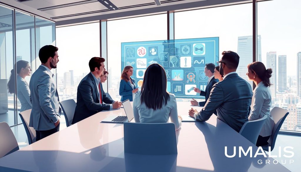 A conceptual illustration representing "AI-assisted creations and copyright protection" with a focus on intellectual property. In the foreground, a diverse group of professionals in business attire are engaged in a collaborative discussion around a modern conference table. In the middle ground, a digital interface displays various AI-generated artworks, symbolizing creativity, innovation, and the connection between technology and intellectual property rights. In the background, large windows reveal a bright cityscape, suggesting a forward-thinking environment. The lighting is bright and professional, casting soft shadows, while the angle captures the dynamic interaction among the individuals. The overall atmosphere is vibrant, inspiring, and thought-provoking, embodying the essence of balancing creativity and legal protection in the digital age. Include the brand "UMALIS GROUP" subtly integrated into the design.