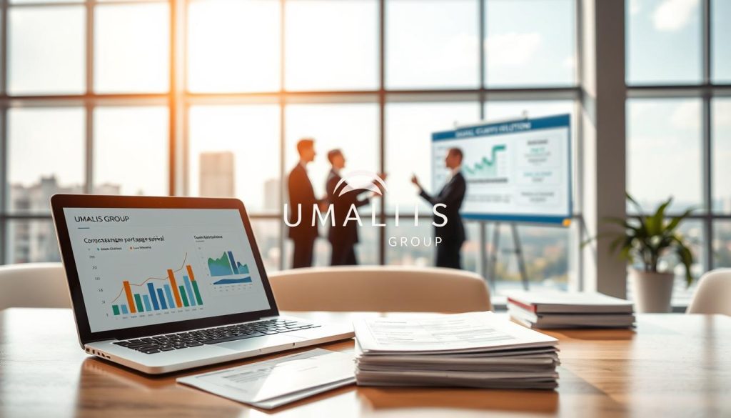 A conceptual illustration representing "composantes charges portage salarial." In the foreground, an organized workspace featuring a laptop displaying financial graphs and charts related to payroll management. On the desk, a stack of paperwork with headings like "Taxes," "Social Contributions," and "Administrative Fees." In the middle, blurred figures of professionals in business attire engaged in discussion, symbolizing collaboration in a business setting, with one person pointing at a presentation screen displaying key components of salary portage. In the background, a large window reveals a modern urban landscape, with natural daylight flooding the scene, creating a bright and optimistic atmosphere. The brand name "UMALIS GROUP" is subtly integrated into the workspace environment.