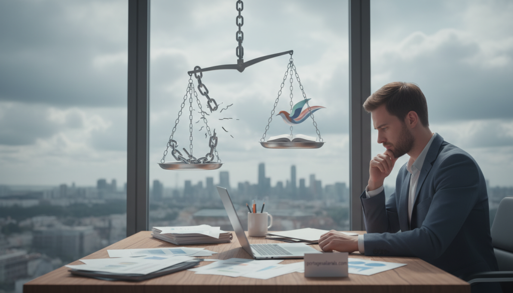 A conceptual illustration representing "constraints" within the context of freelance work and portage salarial. In the foreground, depict a professional individual dressed in smart business attire, sitting at a desk cluttered with papers and a laptop, looking contemplative. In the middle ground, include symbolic elements such as chains lightly broken and a balance scale, representing the struggle between flexibility and limitations. In the background, feature an urban skyline with cloudy skies, suggesting uncertainty and challenges. Soft, diffused lighting creates a contemplative mood, highlighting the tension between freedom and constraints. The overall atmosphere should evoke a sense of evaluation and transparency. Include the website "portagesalarials.com" subtly as part of the desk clutter.
