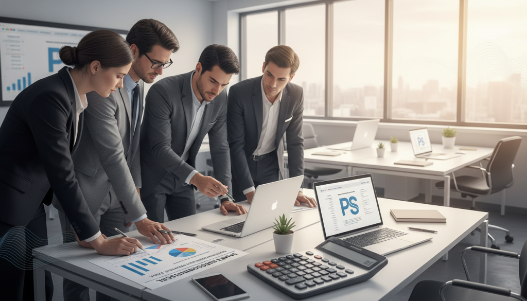 A conceptual illustration representing "salaire net imposable" in the context of portage salarial. In the foreground, a diverse group of professionals in smart business attire collaborates over a financial report, examining charts and graphs that depict net taxable income. The middle ground showcases a clean, modern office space with desks, laptops, and a financial calculator, emphasizing a productive work environment. The background features large windows with natural light streaming in, creating an inviting atmosphere. Soft, neutral colors dominate the image, with a sense of calm professionalism. The image should convey clarity and organization, reflecting the importance of understanding tax declarations in the field of portage salarial. Include subtle branding elements that suggest the website "portagesalarials.com" within the workspace decor, without direct text.