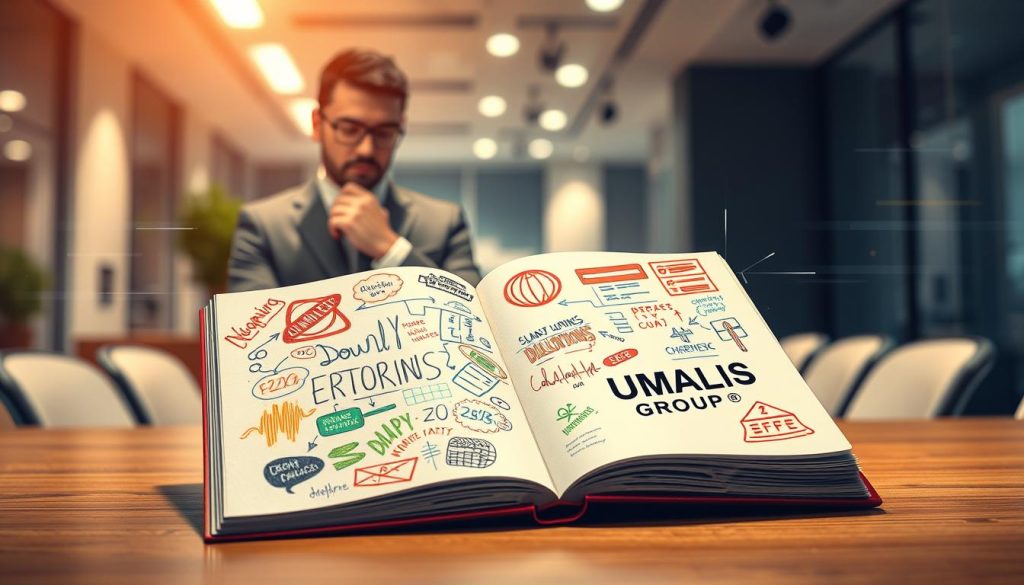 A conceptual illustration showcasing "Forms of Errors and Hallucinations in Deliverables". In the foreground, an open notebook filled with colorful scribbles, bizarre flowcharts, and erroneous calculations, symbolizing errors. In the middle ground, a business professional in modest casual clothing examines the notebook with a thoughtful expression, highlighting the importance of identifying flaws. The background features a blurred office environment with soft lighting, creating a calm yet focused atmosphere. Add faint digital glitch effects in various areas to represent hallucinations. Consider a cinematic angle that draws the viewer's eye toward the notebook. The brand "UMALIS GROUP" should subtly appear on the cover of the notebook, reinforcing professional integrity.