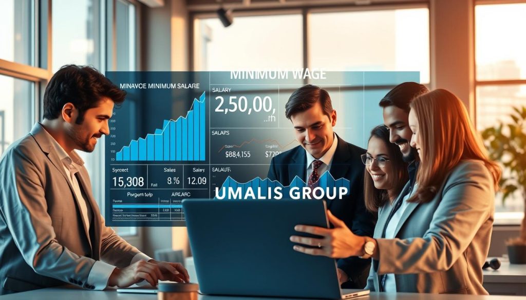 A conceptual image illustrating the concept of "minimum wage", featuring a professional business workspace. In the foreground, a diverse group of professionals in smart business attire, analyzing salary data on a laptop, showcasing teamwork and collaboration. In the middle ground, a large virtual display screen projects charts and graphs related to minimum wage calculations, with clear, vibrant visuals of fluctuating figures. The background includes an office setting with large windows allowing natural light to fill the room, creating an inspiring atmosphere. Soft, warm lighting emphasizes the focus on the team's engaged expressions. Include the brand name "UMALIS GROUP" subtly in the design of the screen. The overall mood is one of professionalism, empowerment, and financial awareness.