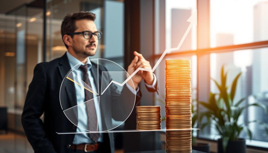 A conceptual representation of the transformation of business revenue into net salary, featuring a dynamic graphical illustration. In the foreground, a transparent pie chart morphs into a stack of coins, symbolizing financial growth and stability. In the middle, a professional-looking individual, dressed in business attire, observes the transformation with a thoughtful expression, pointing towards a rising graph in the background. The background shows a modern office environment with a window revealing a city skyline, evoking an atmosphere of professionalism and opportunity. Soft, warm lighting highlights the character and the graphical elements, creating an optimistic and motivating mood. The scene is captured with a slight upward angle, emphasizing aspiration and progress. A conceptual representation of the transformation of business revenue into net salary, featuring a dynamic graphical illustration. In the foreground, a transparent pie chart morphs into a stack of coins, symbolizing financial growth and stability. In the middle, a professional-looking individual, dressed in business attire, observes the transformation with a thoughtful expression, pointing towards a rising graph in the background. The background shows a modern office environment with a window revealing a city skyline, evoking an atmosphere of professionalism and opportunity. Soft, warm lighting highlights the character and the graphical elements, creating an optimistic and motivating mood. The scene is captured with a slight upward angle, emphasizing aspiration and progress.