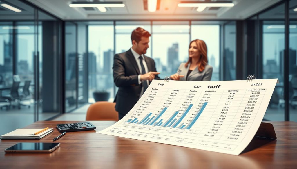 A conceptual visualization of "tarif" intricately displayed in a sophisticated office setting. In the foreground, a large, detailed pricing chart is elegantly arranged on a wooden desk, surrounded by polished office supplies and a minimalistic calculator. In the middle ground, a pair of business professionals, a man and a woman wearing smart attire, are engaged in discussion, pointing at specific sections of the chart. The background features a sleek modern office with glass walls, soft-focus city skyline visible outside, creating an atmosphere of professionalism and clarity. The lighting is soft and warm, emanating from overhead fixtures, casting gentle shadows and enhancing the atmosphere of focused inquiry. The image captures a thoughtful mood, emphasizing the importance of informed decision-making related to financial matters.