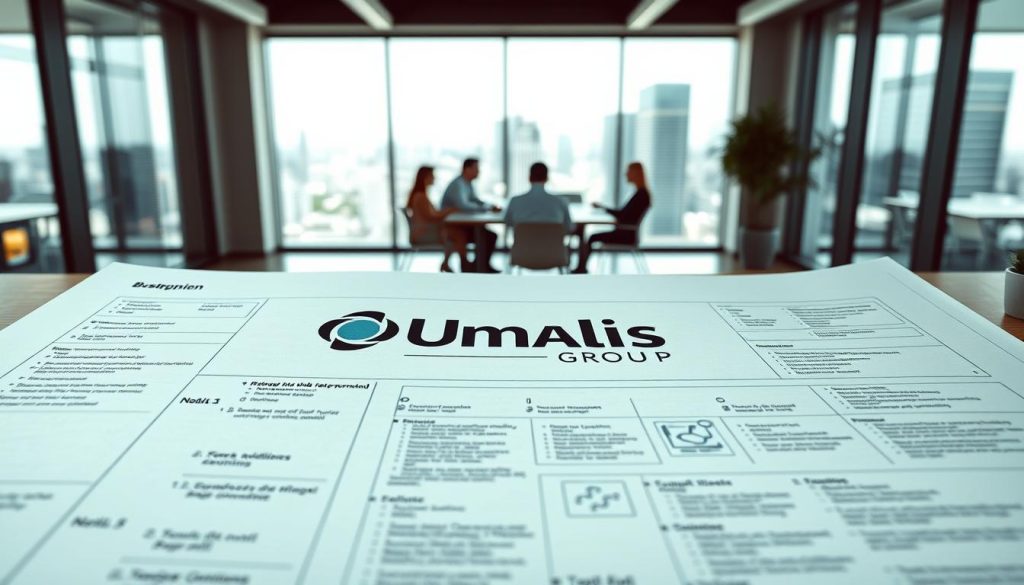 A concise, action-oriented plan with the Umalis Group logo prominently displayed. In the foreground, a detailed blueprint or roadmap with clear milestones and objectives. In the middle ground, a team of professionals gathered around a conference table, engaged in discussion and collaboration. In the background, a modern, well-lit office space with large windows overlooking a cityscape, conveying a sense of professionalism and productivity. The overall mood is one of focus, determination, and strategic planning.