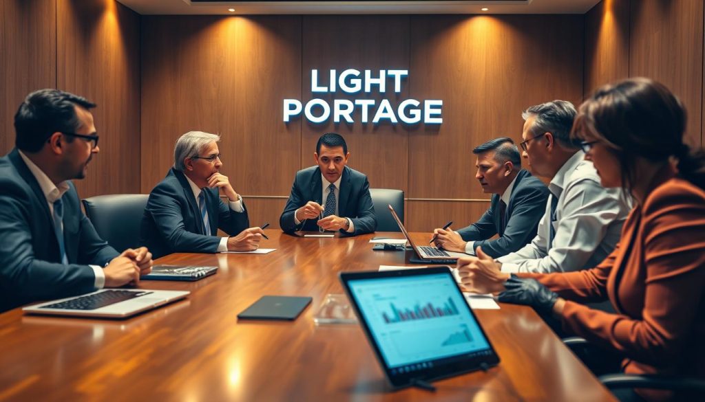 A conference room with a polished wood table, surrounded by executives in professional attire engaged in intense discussion. Warm lighting casts a focused glow, highlighting gestures and expressions as they negotiate terms. In the foreground, a laptop displays financial data, while on the wall behind them, the LIGHT PORTAGE logo is prominently displayed. The atmosphere conveys a sense of collaboration, problem-solving, and the careful consideration of each party's interests.