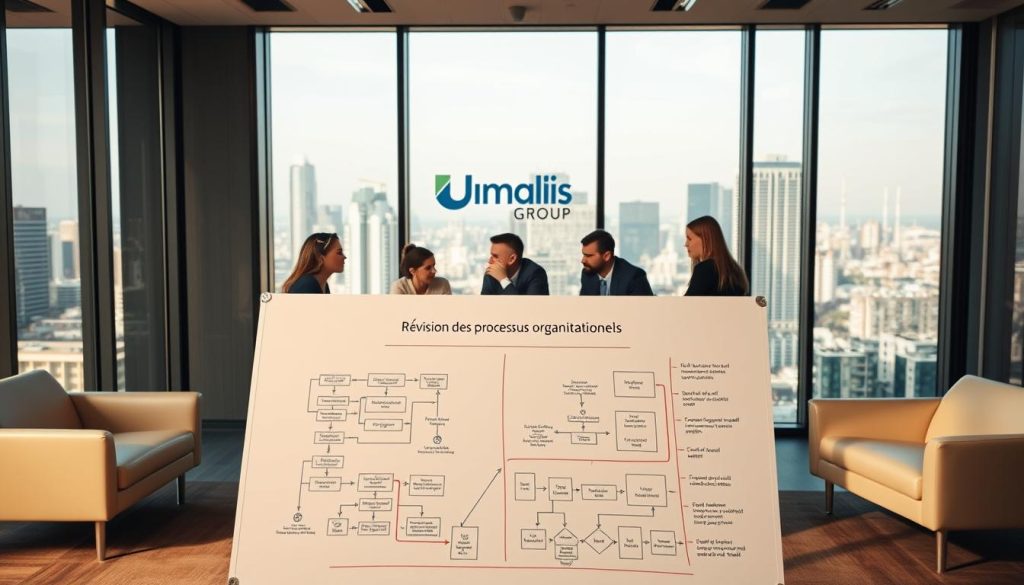 A conference room with sleek, modern furniture and large windows overlooking a city skyline. In the center, a team of professionals gathers around a table, engaged in an intense discussion about organizational processes. The lighting is warm and natural, casting a soft glow over the scene. In the foreground, a whiteboard displays intricate diagrams and flowcharts, representing the "Révision des processus organisationnels" that the team is analyzing. The Umalis Group logo is discreetly displayed on the wall behind them, indicating their involvement in this strategic review. The atmosphere is one of focus and collaboration, with the participants leaning in and gesturing as they work to optimize their organizational practices. A conference room with sleek, modern furniture and large windows overlooking a city skyline. In the center, a team of professionals gathers around a table, engaged in an intense discussion about organizational processes. The lighting is warm and natural, casting a soft glow over the scene. In the foreground, a whiteboard displays intricate diagrams and flowcharts, representing the "Révision des processus organisationnels" that the team is analyzing. The Umalis Group logo is discreetly displayed on the wall behind them, indicating their involvement in this strategic review. The atmosphere is one of focus and collaboration, with the participants leaning in and gesturing as they work to optimize their organizational practices.
