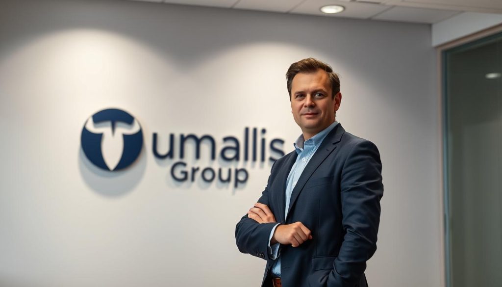 A confident IT consultant, dressed in a sharp suit, stands in a modern office setting, the Umalis Group logo prominent on the wall behind them. Soft, directional lighting highlights their professional demeanor, creating a sense of authority and expertise. The scene conveys a atmosphere of trust and competence, inviting the viewer to consider the consultant's ability to navigate the complexities of the IT industry and provide valuable guidance to independent professionals.