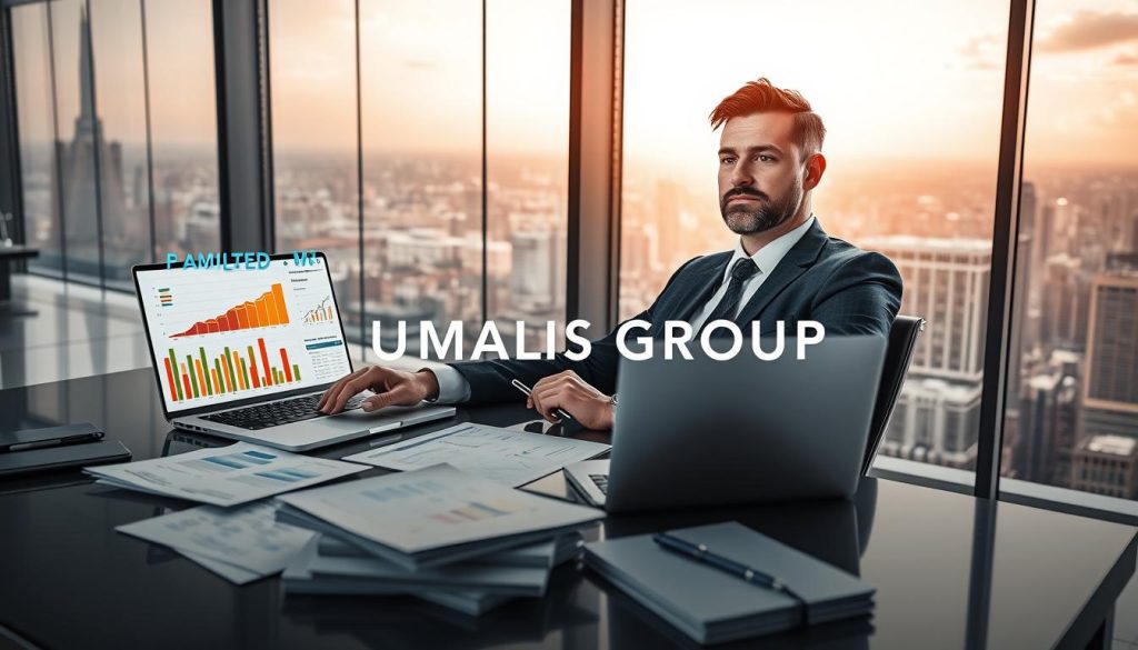 A confident business consultant, dressed in professional attire, is seated at a sleek modern desk, analyzing charts and graphs projecting financial growth. In the foreground, a laptop displays digital metrics related to optimized pricing strategies, highlighted with vibrant colors. The middle ground features an array of financial documents neatly arranged, showcasing strategies for valuing expertise. The background features a large window with a panoramic view of a bustling city skyline, bathed in warm sunlight, symbolizing opportunity and independence. The atmosphere is one of focus and determination, reflecting a professional's path towards optimization and success in the world of portage salarial. Include the brand name "UMALIS GROUP" subtly in the image, ensuring it merges harmoniously with the overall composition.