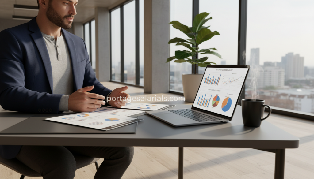 A confident business professional in a smart casual outfit sits at a sleek desk, reviewing financial documents related to salary optimization in a modern office. In the foreground, a laptop displays charts and graphs. The middle ground features a potted plant and a coffee mug, providing a sense of comfort and focus. The background consists of large windows with soft natural light pouring in, casting warm shadows and creating an inviting atmosphere. The color palette is neutral with touches of green, emphasizing a sense of growth and success. The overall mood is one of professionalism, clarity, and focus on financial strategy. The brand name "portagesalarials.com" is subtly incorporated into the design of the workspace, enhancing the theme of salary negotiation and professional growth.