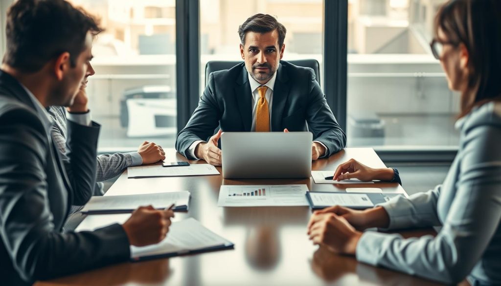 A confident business professional in a suit sits at a modern conference table, engaged in a constructive mediation session. The foreground features a diverse group of individuals—two professionals on either side of the table, attentively listening, with notes and documents spread out. In the middle, a mediator gestures calmly, fostering open communication between the parties over a sleek laptop displaying graphs and contracts. The background includes a corporate office setting with large windows, allowing soft, natural light to illuminate the scene, creating a warm and focused atmosphere. The mood reflects professionalism, collaboration, and resolution, emphasizing the importance of effective dispute management in contractual relationships.