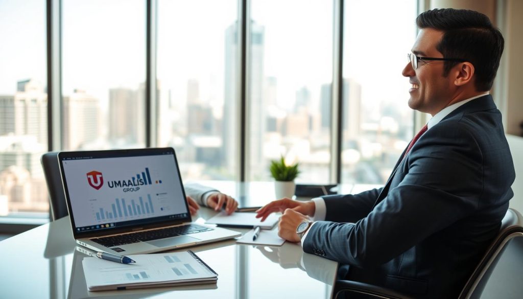 A confident business professional in formal attire, a man or woman, sits at a sleek, modern desk, reviewing documents related to transitioning out of a contractual mission. The foreground features a laptop open with charts and graphs displayed, alongside a notepad with strategic notes. In the middle, there's a soft-focus view of office supplies and a decorative plant, illustrating a productive workspace. The background includes a large window with natural light flooding in, depicting a city skyline that suggests success and opportunity. The atmosphere is focused and ambitious, embodying the theme of preparing for the next career phase. Include the logo "UMALIS GROUP" subtly on the laptop screen, ensuring it does not dominate the scene. Use bright, inviting lighting to create a sense of hope and professionalism.