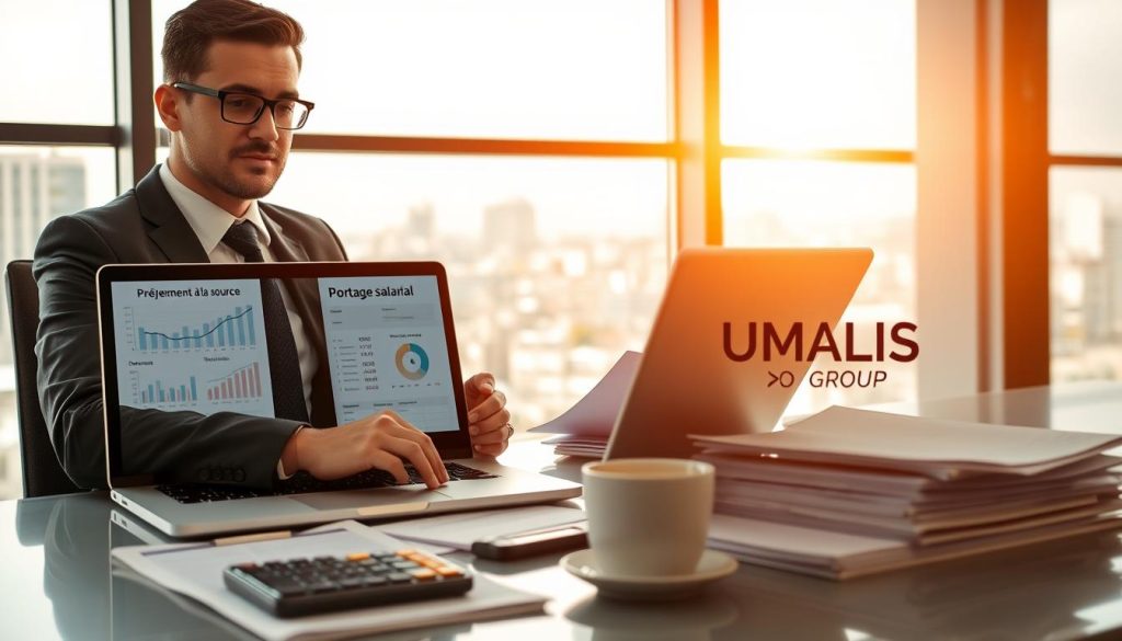 A confident business professional in formal attire sits at a sleek desk, analyzing financial documents related to "prélèvement à la source" and "portage salarial". In the foreground, a laptop displays graphs and tax forms, symbolizing revenue declaration. The middle ground features stacks of papers, a calculator, and a cup of coffee, creating a focused work atmosphere. In the background, a large window allows warm natural light to illuminate the space, hinting at a bustling cityscape outside. The scene captures a professional, informative mood, emphasizing clarity and organization in financial matters. The logo of "UMALIS GROUP" is subtly displayed on the laptop screen, integrating the brand into this illustrative setting.