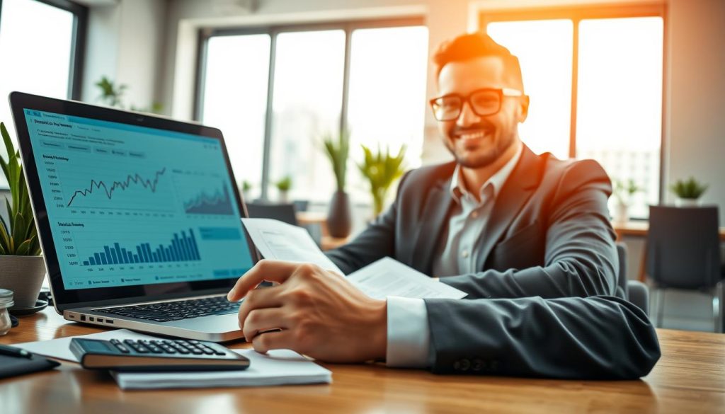 A confident business professional in smart casual attire, seated at a well-organized desk, analyzing financial documents and graphs on a laptop screen. The foreground features a close-up of hands reviewing a detailed financial report, emphasizing organizational tools like a calculator and a notepad. In the middle, a soft-focus backdrop showcases a modern office environment with large windows, allowing natural light to flood in, creating a welcoming atmosphere. Potted plants add a touch of greenery. The overall mood is one of professionalism and optimism, reflecting the theme of financial security and income management in a consulting or freelance context. The lighting is bright yet warm, suggesting an inviting and productive workspace. A confident business professional in smart casual attire, seated at a well-organized desk, analyzing financial documents and graphs on a laptop screen. The foreground features a close-up of hands reviewing a detailed financial report, emphasizing organizational tools like a calculator and a notepad. In the middle, a soft-focus backdrop showcases a modern office environment with large windows, allowing natural light to flood in, creating a welcoming atmosphere. Potted plants add a touch of greenery. The overall mood is one of professionalism and optimism, reflecting the theme of financial security and income management in a consulting or freelance context. The lighting is bright yet warm, suggesting an inviting and productive workspace.