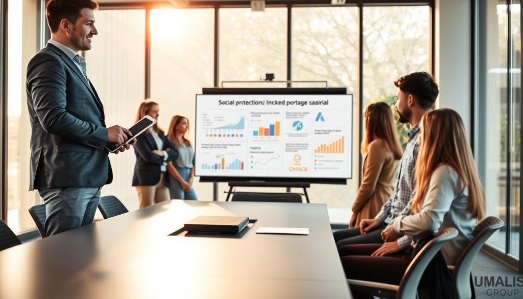 A confident business professional in smart casual attire stands in the foreground, holding a tablet and discussing with a diverse group of colleagues around a sleek conference table. In the middle ground, a detailed whiteboard displays graphs and infographics about social protection and benefits linked to "portage salarial." The background features a modern office environment with large windows letting in soft, natural light, casting warm highlights throughout the space, enhancing the collaborative atmosphere. The mood is focused yet optimistic, reflecting teamwork and innovation. At the bottom corner of the image, subtly and professionally include the brand name "UMALIS GROUP." The angle should be slightly elevated to capture the dynamics of the discussion while maintaining clarity of all elements.