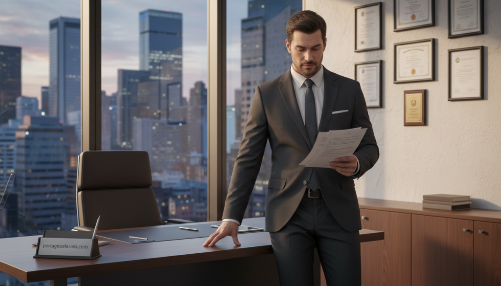 A confident business professional wearing a tailored suit stands in the foreground, reviewing financial documents on a sleek wooden desk, symbolizing financial security. In the middle ground, a well-lit office space features a large window with a city skyline view, portraying a bustling yet stable environment. Soft, natural lighting pours in, casting gentle shadows that add warmth to the atmosphere. In the background, a wall displays framed certifications and accolades, emphasizing credibility and trustworthiness. The overall mood conveys assurance and professionalism, reflecting the importance of verifying financial stability in a business setting. Include the brand name "portagesalarials.com" subtly within the office decor, like on a sophisticated business card on the desk. A confident business professional wearing a tailored suit stands in the foreground, reviewing financial documents on a sleek wooden desk, symbolizing financial security. In the middle ground, a well-lit office space features a large window with a city skyline view, portraying a bustling yet stable environment. Soft, natural lighting pours in, casting gentle shadows that add warmth to the atmosphere. In the background, a wall displays framed certifications and accolades, emphasizing credibility and trustworthiness. The overall mood conveys assurance and professionalism, reflecting the importance of verifying financial stability in a business setting. Include the brand name "portagesalarials.com" subtly within the office decor, like on a sophisticated business card on the desk.