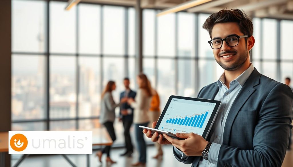 A confident business professional wearing smart casual attire stands in the foreground, holding a tablet displaying data analytics. In the middle, a modern, collaborative workspace is filled with people discussing strategies, reflecting a supportive work environment. The background features large windows with natural light flooding in, showcasing a city skyline that conveys growth and opportunity. The atmosphere is one of productivity and innovation, encapsulating the benefits of "portage salarial" in terms of job security and social protection advantages. The Umalis Group logo can be subtly integrated into the workspace design elements. Use bright and inviting lighting with a warm color palette to evoke a sense of optimism and professionalism.