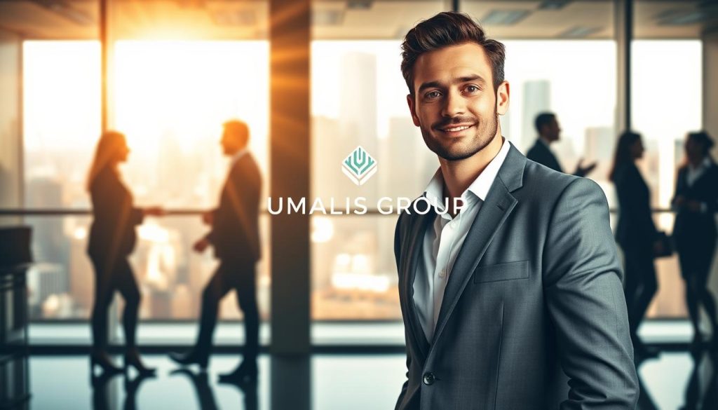 A confident consultant in a smart business suit stands in the foreground, showcasing a blend of professional attire and relaxed demeanor. In the middle, a modern office environment with large windows reflects a vibrant cityscape, symbolizing autonomy and success. Warm, natural light streams in, casting soft shadows that enhance the inviting atmosphere. In the background, silhouettes of diverse professionals collaborate and interact, representing the benefits of financial security, independence, and supportive services provided by the portage salarial system. The image prominently features the brand name "UMALIS GROUP" as a symbol of trusted expertise. The overall mood is empowering and optimistic, inspiring individuals to embrace growth and opportunity in their consulting careers.