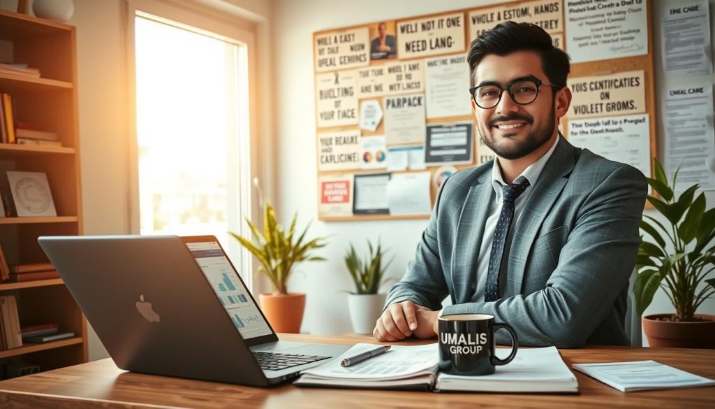 A confident freelance professional, dressed in smart business attire, sits at a modern workspace, surrounded by tools of the trade. In the foreground, a laptop is open, displaying graphs and project plans. A notebook filled with sketches and strategies rests beside it. In the middle, a large window lets in warm, natural light, illuminating the room with a sense of clarity and focus. Potted plants add a touch of greenery, enhancing the atmosphere of growth and professionalism. In the background, a vision board filled with motivational quotes and industry certifications symbolizes skill development and career advancement. The overall mood is inspiring, encouraging a sense of empowerment and determination. Incorporate the brand name "UMALIS GROUP" subtly into the workspace, perhaps on a mug or notebook, blending organically into the scene.