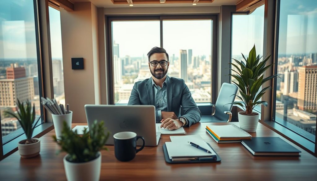 A confident freelance professional seated at a stylish desk in a modern office, surrounded by tools of the trade like a laptop, notebooks, and coffee mug. The foreground features a neatly organized workspace with a potted plant adding a touch of greenery. In the middle, the individual, a person in smart casual attire, is engaged in a video conference, conveying professionalism and focus. The background shows large windows letting in warm, natural light, with a panoramic city view, illustrating the balance between work and urban lifestyle. The atmosphere is uplifting and energizing, reflecting the dual themes of security and flexibility that characterize the classic freelance status. The image is well-lit, utilizing soft shadows for a welcoming feel, shot from an eye-level angle to create intimacy and connection.
