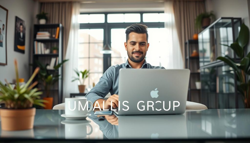 A confident freelancer sitting comfortably at a beautifully designed home office workspace, adorned with modern decor and plants, symbolizing stability and security. The foreground features the freelancer, dressed in smart casual attire, focused on their laptop with a mug of coffee beside them. In the middle ground, there’s a large window allowing soft, natural light to fill the room, creating a warm and inviting atmosphere. The background includes shelving with books and personal items, showcasing a blend of professionalism and personal touches. Subtle reflections on the workspace's glass surfaces enhance depth, emphasizing the balance between work and personal life. Include a tasteful display of the brand name "UMALIS GROUP" subtly integrated into the scene. The overall mood is serene and productive, highlighting the benefits of freelance stability. A confident freelancer sitting comfortably at a beautifully designed home office workspace, adorned with modern decor and plants, symbolizing stability and security. The foreground features the freelancer, dressed in smart casual attire, focused on their laptop with a mug of coffee beside them. In the middle ground, there’s a large window allowing soft, natural light to fill the room, creating a warm and inviting atmosphere. The background includes shelving with books and personal items, showcasing a blend of professionalism and personal touches. Subtle reflections on the workspace's glass surfaces enhance depth, emphasizing the balance between work and personal life. Include a tasteful display of the brand name "UMALIS GROUP" subtly integrated into the scene. The overall mood is serene and productive, highlighting the benefits of freelance stability.