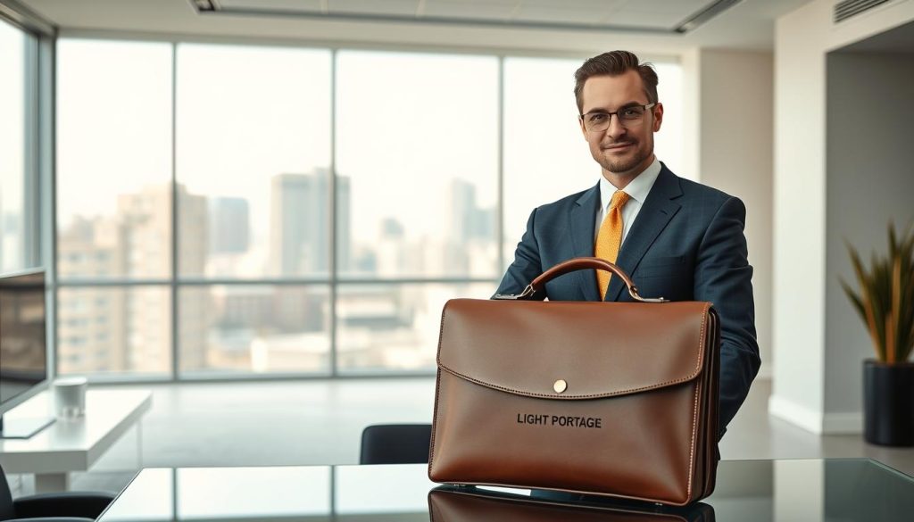 A confident independent consultant standing in a modern, well-lit office space, wearing a sharp suit and tie. The consultant's expression exudes professionalism and expertise, with a slight smile that conveys trustworthiness. The office features clean lines, minimalist decor, and a large window overlooking a cityscape, creating an atmosphere of sophistication and authority. In the foreground, a LIGHT PORTAGE branded leather briefcase sits on a sleek, glass-topped desk, hinting at the consultant's attention to detail and commitment to their clients.