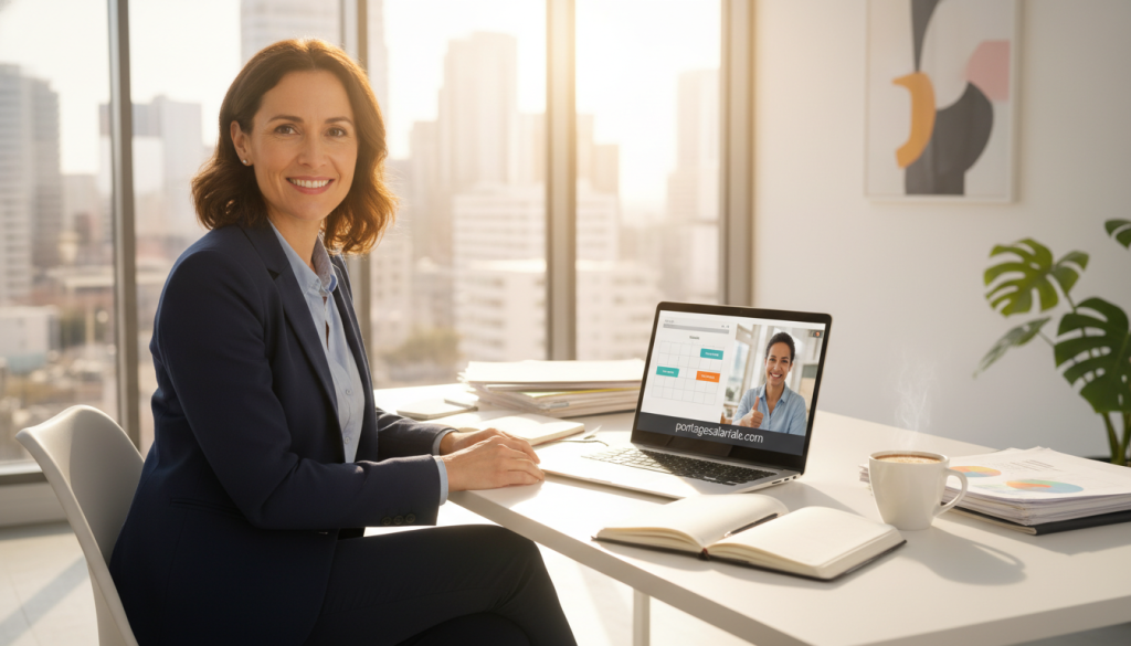 A confident independent professional, dressed in smart business attire, sits at a modern desk, surrounded by paperwork and a laptop displaying a balanced work-life. In the foreground, items like a planner, a coffee mug, and a plant suggest productivity and comfort. In the middle, the professional is engaged in a video call with a happy client, showcasing the benefits of portage salarial. The background features a bright office space with large windows, allowing natural light to illuminate the scene, creating a vibrant and optimistic atmosphere. The overall mood conveys empowerment and professionalism, reflecting the advantages of being self-employed under portage salarial. Include the website branding "portagesalarials.com" subtly in the workspace.