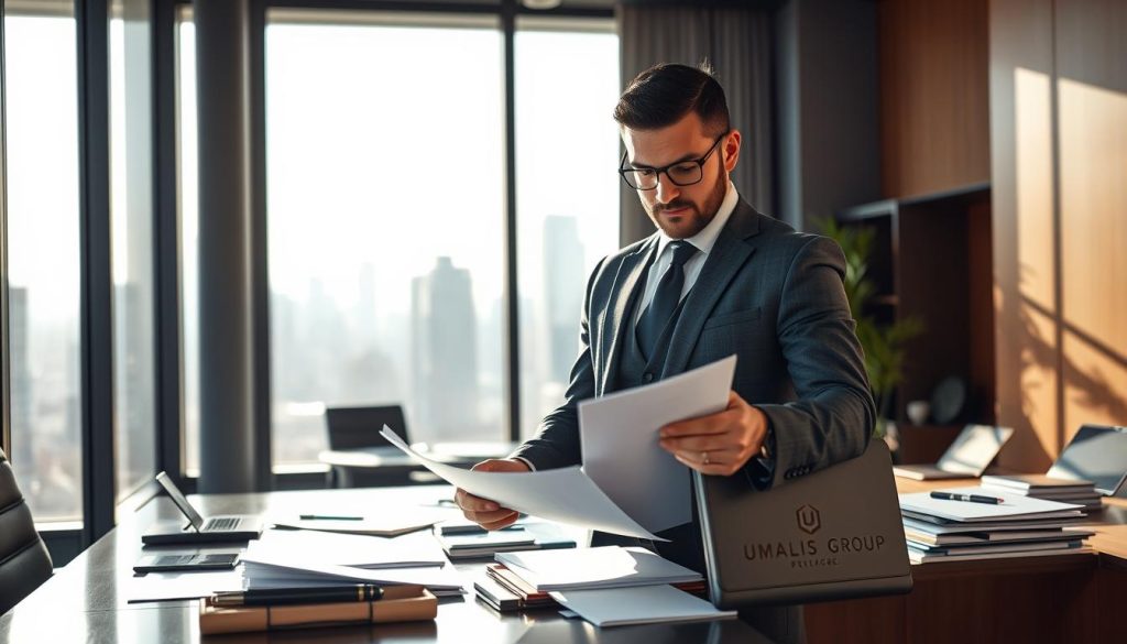 A confident professional, a "salarié porté", stands in an office environment, embodying modern business practices. He wears a tailored suit, looking engaged and focused as he reviews documents on a sleek desk cluttered with business essentials. In the background, a large window reveals a city skyline, with bright daylight flooding the room, casting soft shadows. The mood exudes professionalism and ambition, suggesting the dynamic nature of the portage salarial system. A subtle logo of "UMALIS GROUP" appears on a portfolio beside him, enhancing the corporate atmosphere. Use a wide-angle lens to capture the entire scene vividly, emphasizing depth and clarity. The lighting should highlight his determined expression while maintaining an inviting, warm ambiance throughout the image.