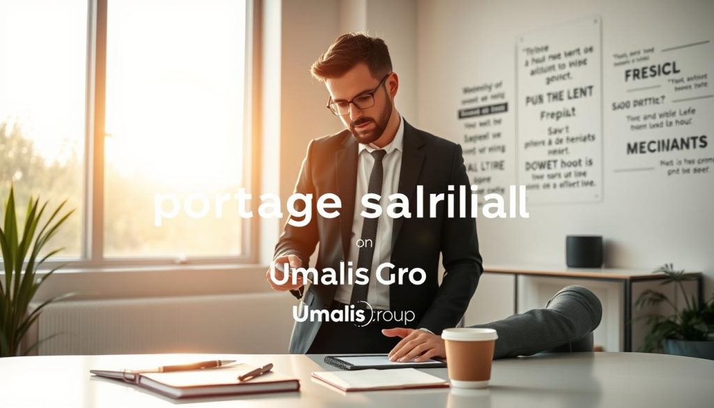 A confident professional coach in business attire stands in a bright, modern office space, engaging with a laptop and evaluating performance metrics. In the foreground, a clean desk adorned with a notebook, pens, and a coffee cup conveys focus and productivity. The middle ground features a wall filled with motivational quotes and a large window with sunlight streaming in, creating a warm and inviting atmosphere. In the background, subtle hints of nature outside the window add a touch of tranquility. The scene embodies the benefits of "portage salarial," with elements symbolizing freedom, flexibility, and professional growth. Soft lighting enhances the mood of inspiration and success. Include the brand name "Umalis Group" subtly integrated into the scene, ensuring it aligns with the overall theme.
