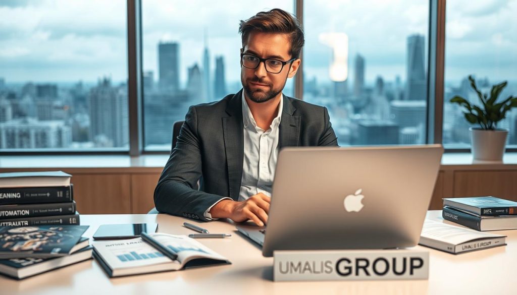A confident professional consultant in business attire, sitting at a sleek, modern desk with a laptop open, showcasing sophisticated AI graphs and charts. Surrounding them are books and digital tablets that depict various facets of artificial intelligence, such as machine learning, data analysis, and automation. The foreground captures the consultant's thoughtful expression as they work, with a focused demeanor. In the middle ground, a large window shows a city skyline, indicating growth and innovation. Soft, ambient lighting illuminates the office, creating a welcoming yet professional atmosphere. The image reflects credibility and expertise in AI specialization. Include elements representing “UMALIS GROUP” subtly in the environment, such as branded stationery on the desk.