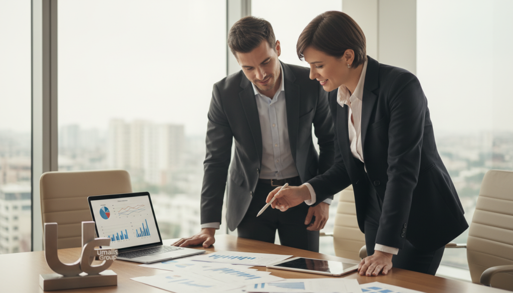 A confident professional couple is discussing financial documents on a modern office desk, symbolizing the benefits of comprehensive social coverage in portage salarial. The foreground features neatly arranged paperwork and a laptop displaying analytics. In the middle ground, the couple, dressed in professional business attire, leans closer to the documents, radiating collaboration and trust. The background features a contemporary office setting with large windows, allowing natural light to flood the space, enhancing the productive atmosphere. The overall mood is optimistic and empowering, with soft, warm lighting that highlights their engaged expressions. Prominently, the brand name "Umalis Group" is subtly integrated into a decorative element on the desk. A confident professional couple is discussing financial documents on a modern office desk, symbolizing the benefits of comprehensive social coverage in portage salarial. The foreground features neatly arranged paperwork and a laptop displaying analytics. In the middle ground, the couple, dressed in professional business attire, leans closer to the documents, radiating collaboration and trust. The background features a contemporary office setting with large windows, allowing natural light to flood the space, enhancing the productive atmosphere. The overall mood is optimistic and empowering, with soft, warm lighting that highlights their engaged expressions. Prominently, the brand name "Umalis Group" is subtly integrated into a decorative element on the desk.