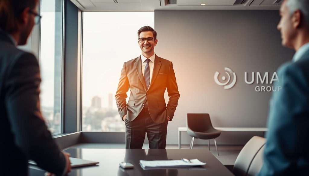 A confident professional, embodying the concept of "responsabilité civile professionnelle", stands in a well-lit modern office. Dressed in a sharp business suit, they are engaged in a conversation with a client, conveying trust and assurance. The foreground shows a sleek desk with papers and a laptop, emphasizing professionalism. In the middle ground, a large window provides a bright view of a city skyline, symbolizing opportunity and growth. In the background, the branding for "UMALIS GROUP" is subtly displayed on a modern wall. The atmosphere is uplifting and secure, with warm lighting highlighting the subjects' expressions. The focus is sharp, with a slight depth of field effect on the background to draw attention to the characters.