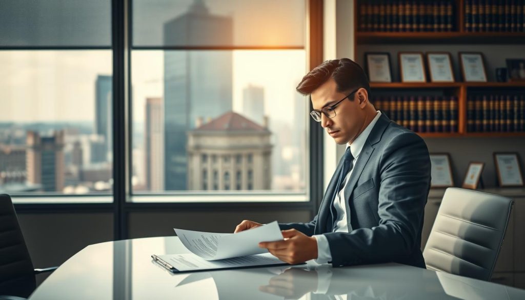 A confident professional in a modern office setting, representing the concept of employee rights and obligations. Foreground: A well-dressed individual in business attire, pensively examining documents on a sleek desk, symbolizing careful consideration of contractual terms. Middle ground: A window showcasing a bustling cityscape, hinting at the dynamism of the job market. Background: Subtle shelves filled with law books and certificates, reinforcing a theme of professionalism and compliance. Soft, natural lighting that cascades through the window, creating a warm yet focused atmosphere. The angle is slightly elevated, allowing a clear view of the subject and the desk, capturing a moment of reflection amidst the busy environment, aimed to evoke a sense of responsibility and awareness in employment. A confident professional in a modern office setting, representing the concept of employee rights and obligations. Foreground: A well-dressed individual in business attire, pensively examining documents on a sleek desk, symbolizing careful consideration of contractual terms. Middle ground: A window showcasing a bustling cityscape, hinting at the dynamism of the job market. Background: Subtle shelves filled with law books and certificates, reinforcing a theme of professionalism and compliance. Soft, natural lighting that cascades through the window, creating a warm yet focused atmosphere. The angle is slightly elevated, allowing a clear view of the subject and the desk, capturing a moment of reflection amidst the busy environment, aimed to evoke a sense of responsibility and awareness in employment.
