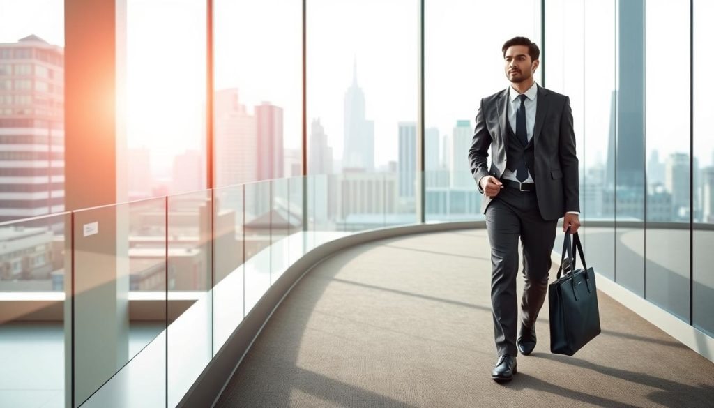 A confident professional navigating a pathway towards becoming a "salarié porté" in the foreground, dressed in business attire, holding a briefcase. The middle layer features a well-organized office setting with charts and documents illustrating freelance growth and independence, symbolizing the journey of independent workers. In the background, a skyline with modern buildings signifies opportunity and ambition. Bright, natural lighting filters through large windows, creating an uplifting and inspiring atmosphere. The scene conveys a sense of determination and clarity as the professional walks towards their goals. Include the logo of "UMALIS GROUP" subtly displayed on a nearby wall or document to signify guidance and support on this journey.
