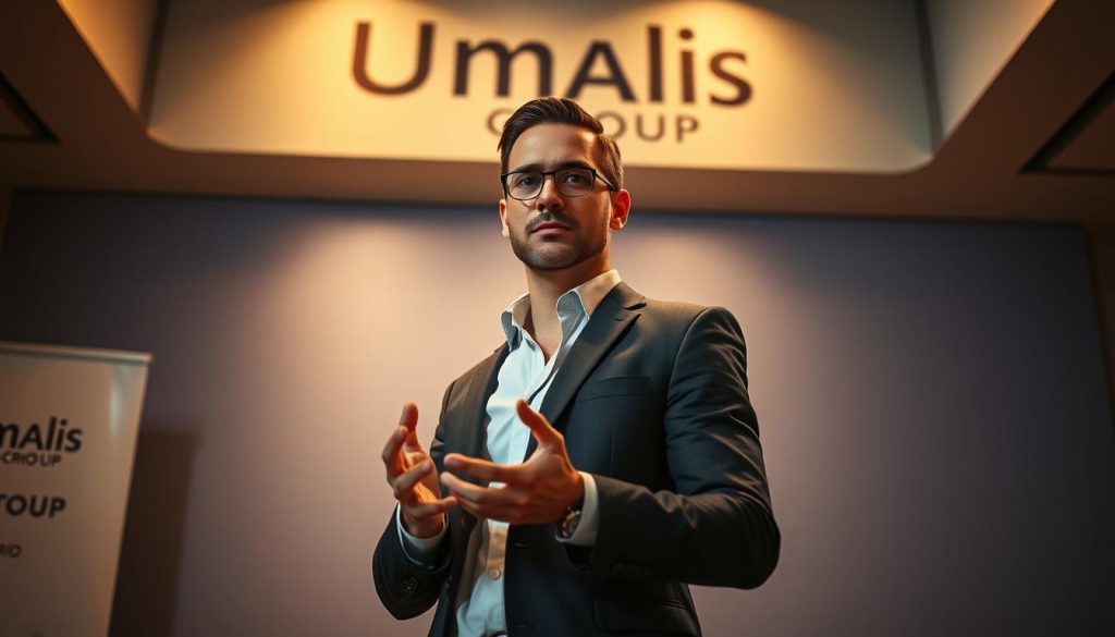 A confident professional stands tall, making eye contact, gesturing with purpose, against a backdrop of Umalis Group branding. The lighting is warm and directional, casting soft shadows that accentuate the subject's poise and self-assurance. The camera angle is slightly elevated, lending an air of authority and leadership. The overall atmosphere exudes a sense of competence, credibility, and a readiness to engage in effective communication.