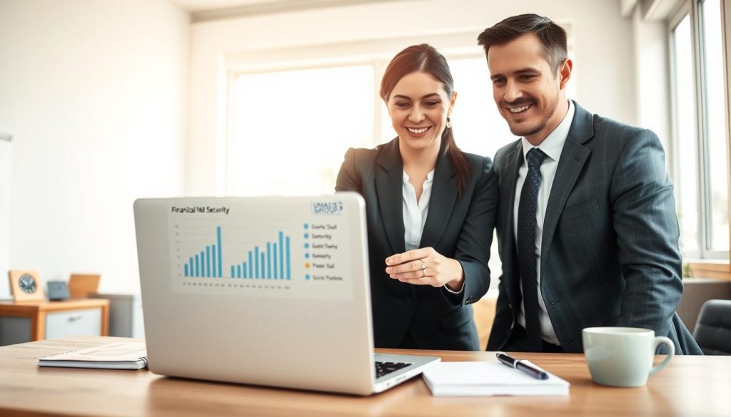 A confident professional woman and a man, both in formal business attire, are discussing over a laptop in a modern office setting. In the foreground, the laptop screen displays graphs and documents reflecting financial security and social protection. The middle layer features a cozy desk with business essentials like a notepad and a coffee cup, emphasizing a productive work environment. In the background, a bright window allows natural light to flood the office, bringing warmth and a sense of optimism. A small logo of "UMALIS GROUP" is subtly placed on the corner of the laptop. The image conveys a mood of professionalism, security, and collaboration, illustrating the benefits of the employee status in a clear and impactful way. A confident professional woman and a man, both in formal business attire, are discussing over a laptop in a modern office setting. In the foreground, the laptop screen displays graphs and documents reflecting financial security and social protection. The middle layer features a cozy desk with business essentials like a notepad and a coffee cup, emphasizing a productive work environment. In the background, a bright window allows natural light to flood the office, bringing warmth and a sense of optimism. A small logo of "UMALIS GROUP" is subtly placed on the corner of the laptop. The image conveys a mood of professionalism, security, and collaboration, illustrating the benefits of the employee status in a clear and impactful way.