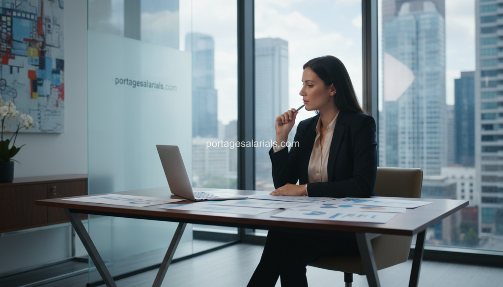 A confident professional woman in a modern office environment, dressed in smart business attire, seated at a sleek desk with a laptop open in front of her. She is engaged in thought as she looks at various charts and documents spread across her desk, symbolizing strategic planning for mission placement. The background features a large window with a view of a bustling city skyline, providing ample natural light that enhances the vibrant atmosphere. Soft focus on the foreground to emphasize her concentration and determination. The mood is one of professionalism and ambition, reflecting the themes of positioning and client attraction in the context of freelance employment. Prominently include the brand name "portagesalarials.com" subtly in the decor of the office space, blending seamlessly with the professional environment.
